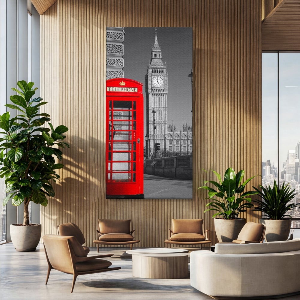 Tablou canvas cu tablou canvas cu cabina rosie si big ben, fara rama, pe sasiu de lemn, pe perete intr-un birou